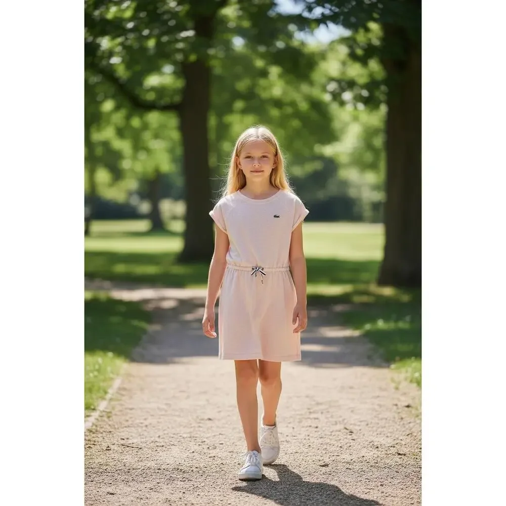 Lacoste Girls Size 8 Pink Dress Crocodile Logo Drawstring Waist Preppy
